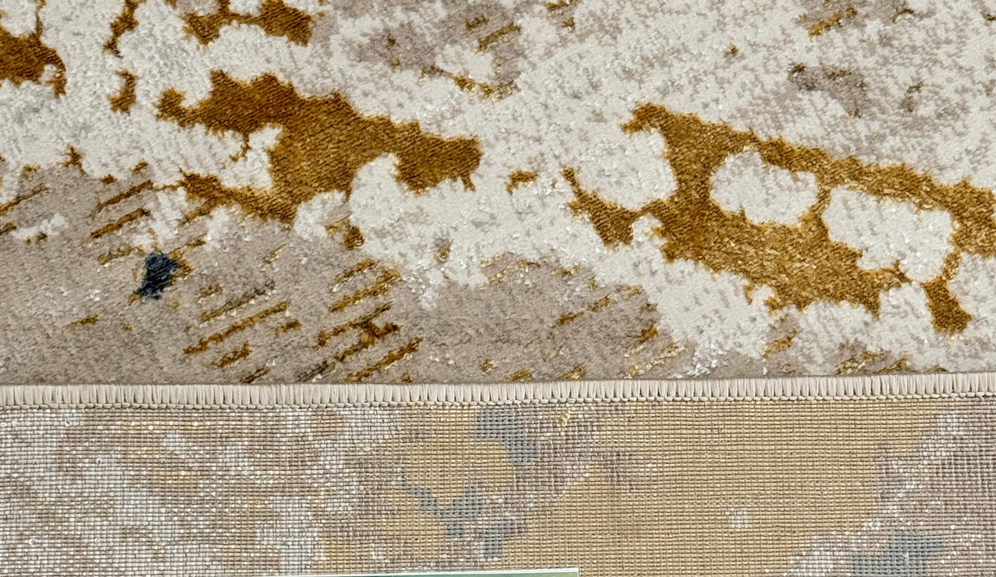 Abstract Distressed Contemporary Rug – Gold, Beige, Cream & Blue | 250×350 cm (8.2×11.5 ft)