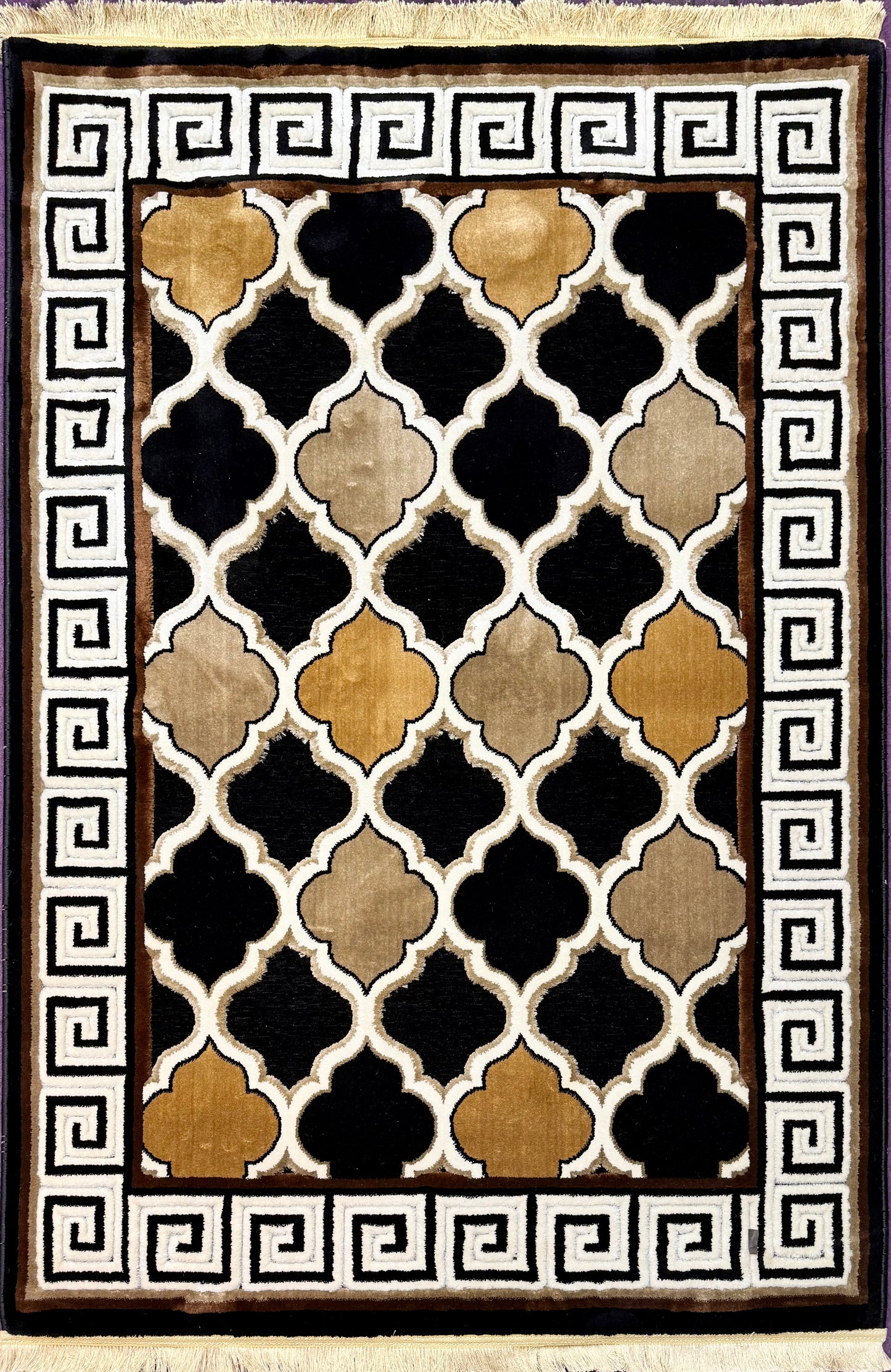 Elegant Chenille Rug with Moroccan Trellis Design – Black, Gold, and Beige 100x150cm & 125x170cm