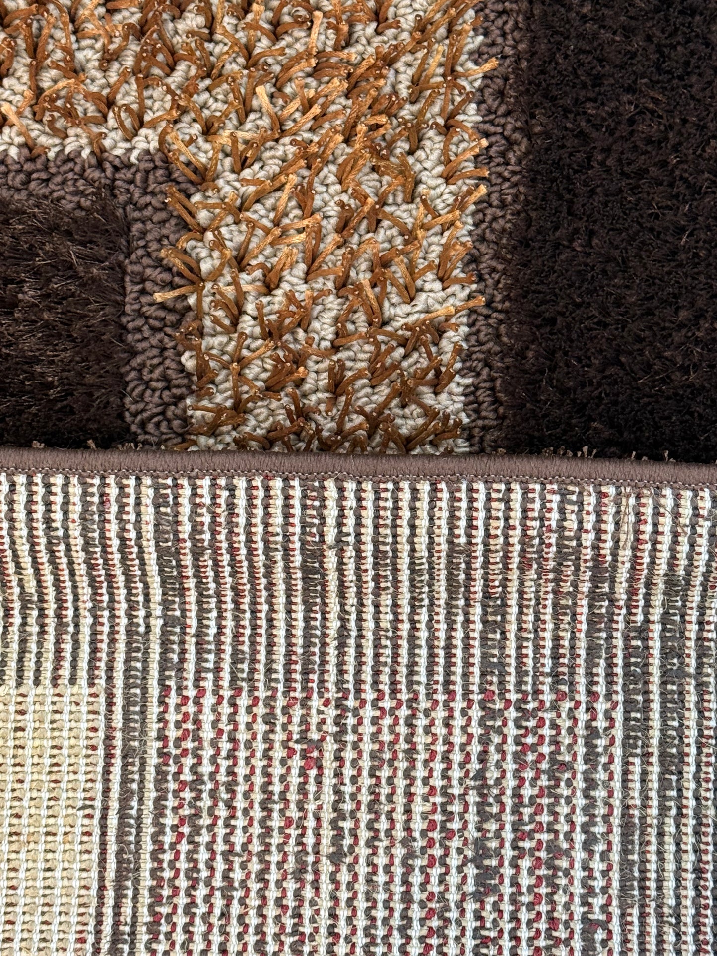 Geometric Shaggy Area Rug pattern of red, chocolate brown & beige | Size 100x150 cm (3.3x4.11 ft)