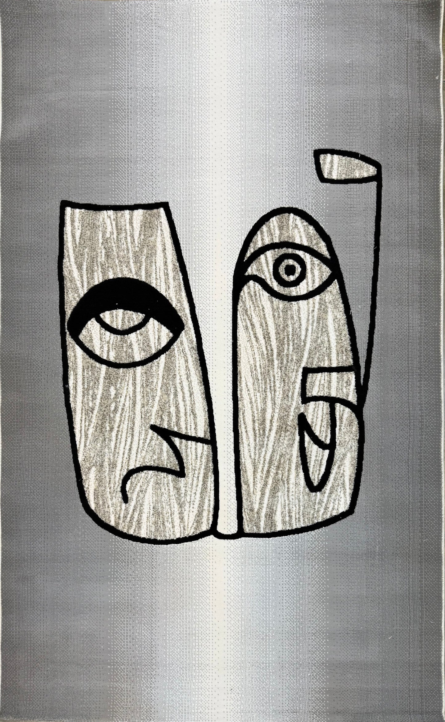 Stylized Abstract Portrait Rug - Charcoal and Silver Tones - Size (4.10x7.3)ft