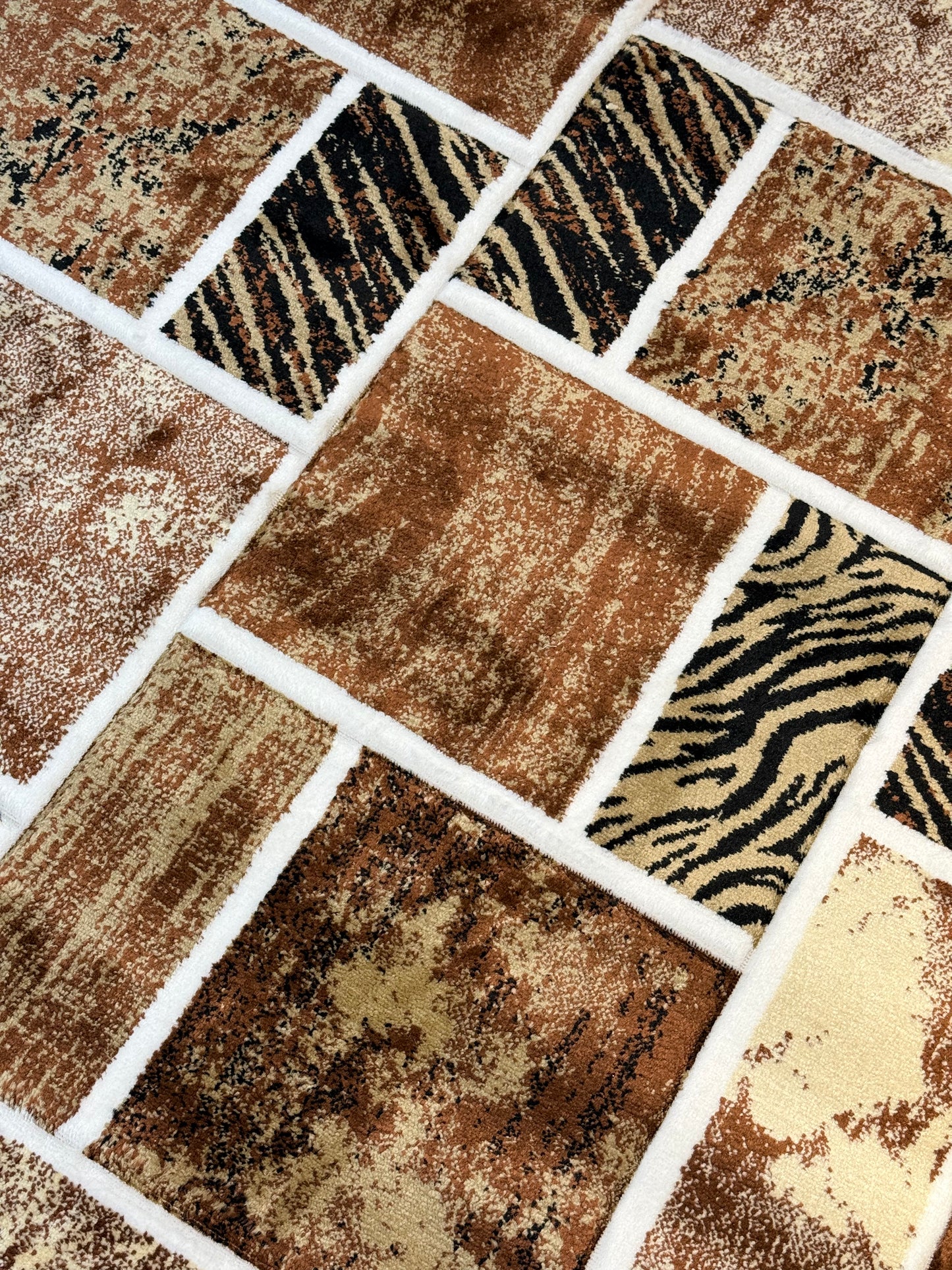 Modern Patchwork Area Rug | Brown, Black & Cream Abstract Zebra Print Size (5.3x7.3) ft