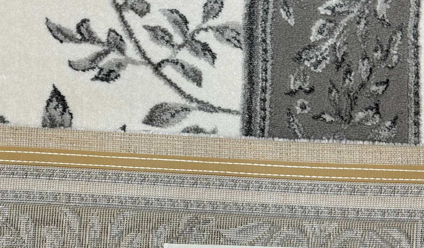 Elegant Floral Border Area Rug – Grey & Ivory Classic Design | Size 160 x 230 cm (5.3x7.6 ft)
