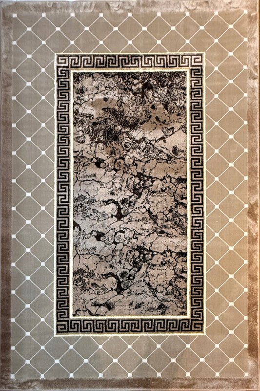 Modern Abstract Greek Key Border Area Rug | Beige & Grey | Size (5x7.3) ft