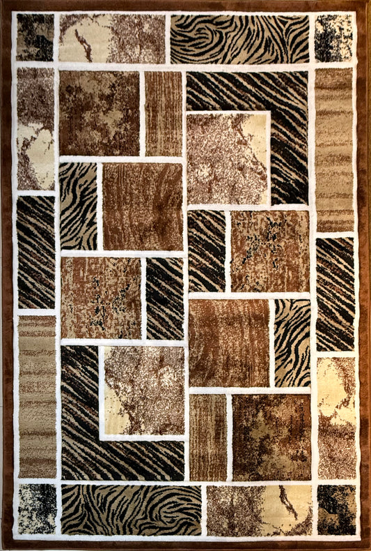 Modern Patchwork Area Rug | Brown, Black & Cream Abstract Zebra Print Size (5.3x7.3) ft