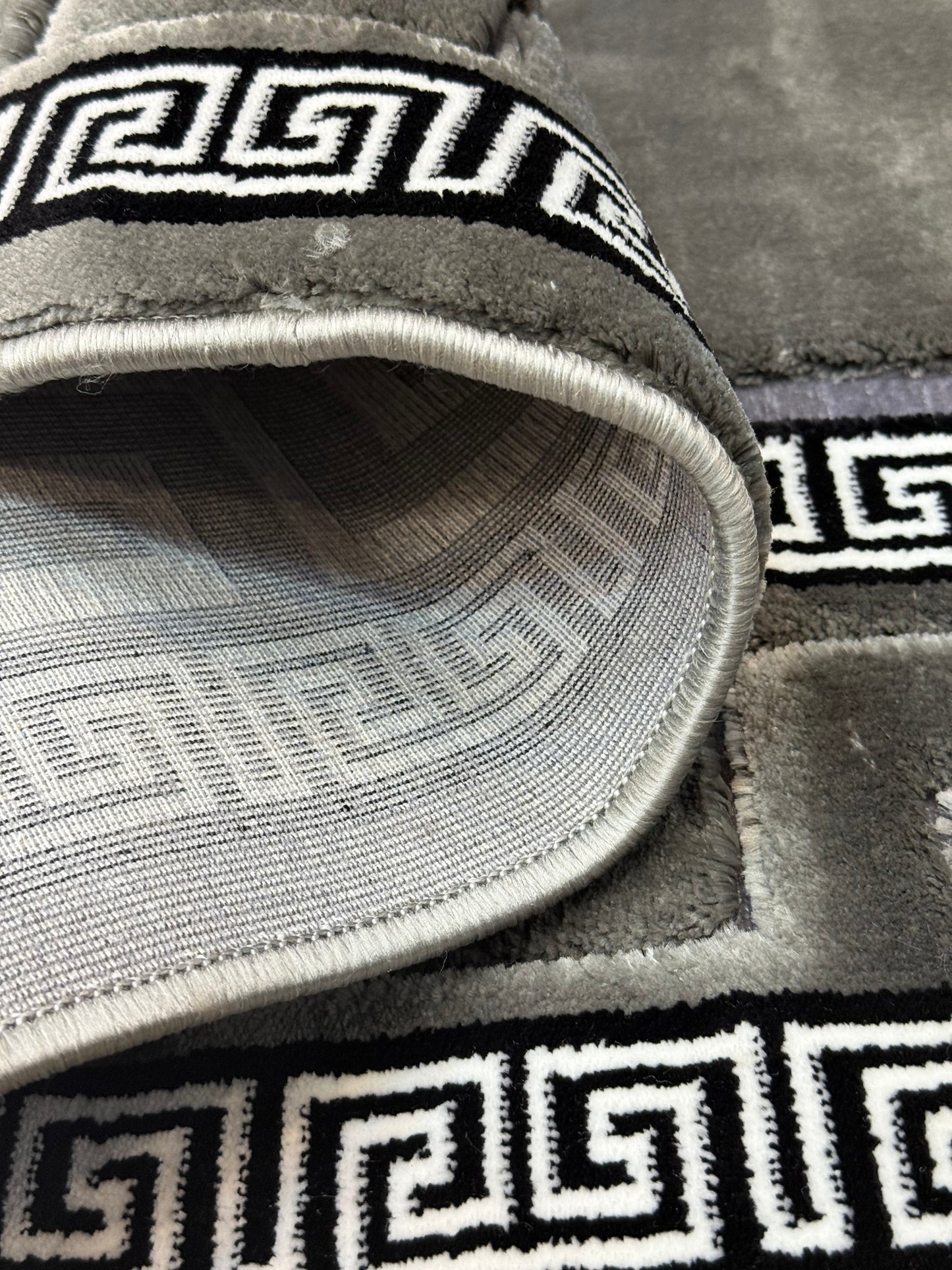 Greek Key Velvet Rug in Charcoal, Black & Silver – Size Multiple Options