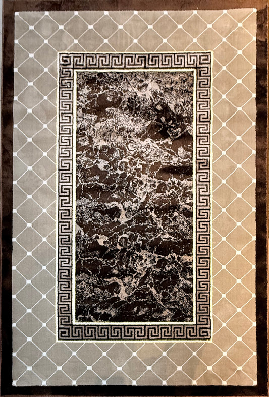 Modern Dark Brown & Taupe Greek Key Marble-Look Area Rug - Size (5x7.3) ft