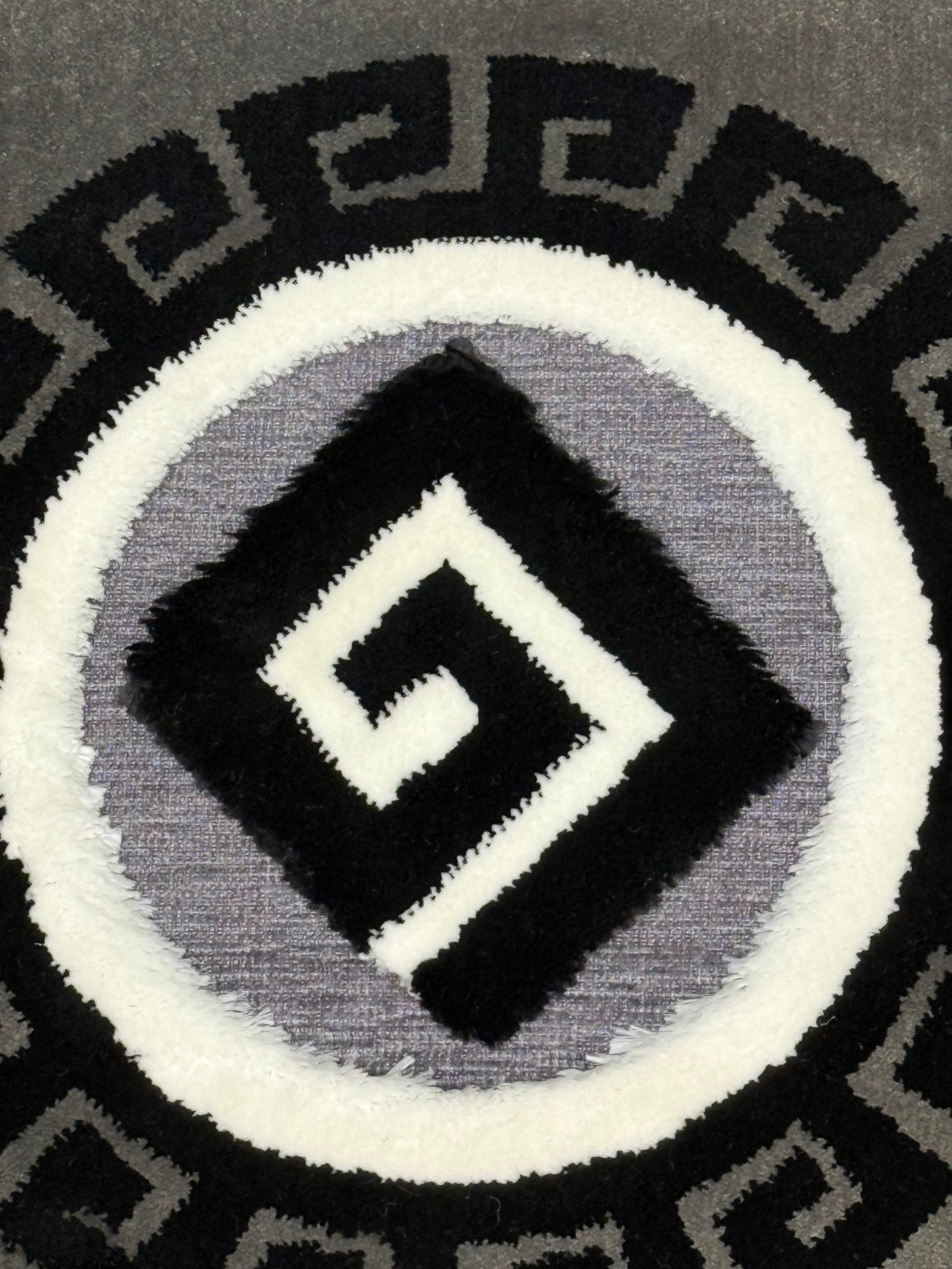 Greek Key Velvet Rug in Charcoal, Black & Silver – Size Multiple Options