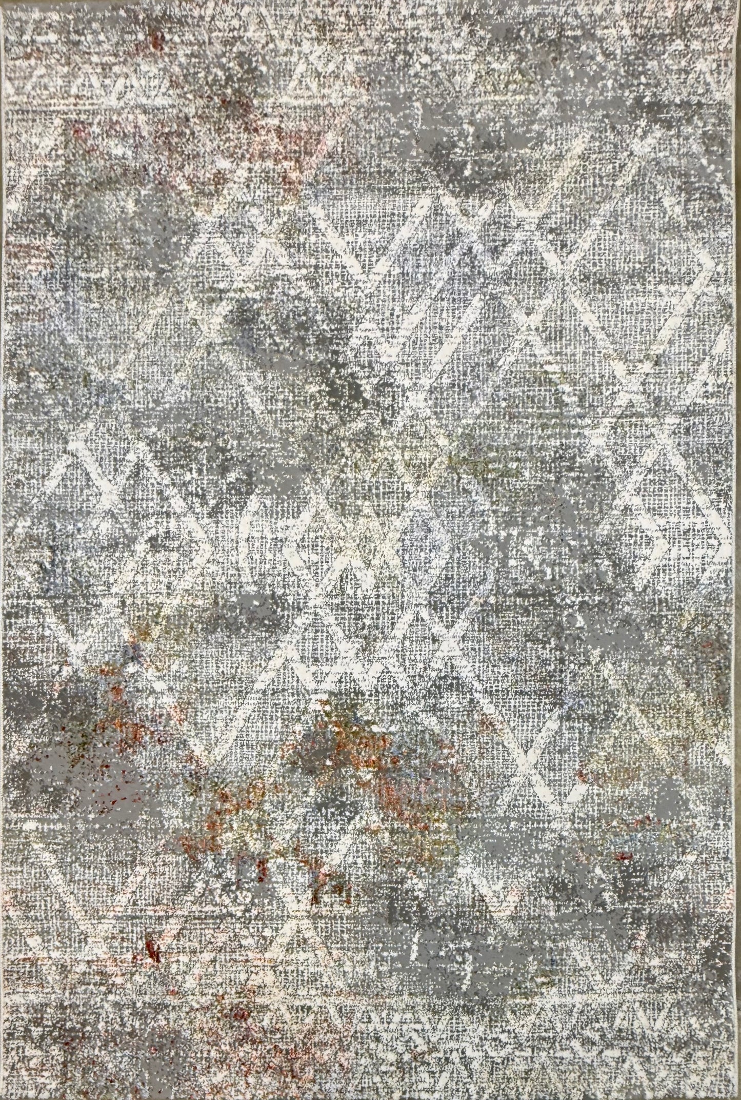 Distressed Diamond Pattern Rug - Grey, Off-White & Rust Size 125x180cm (4x6)ft