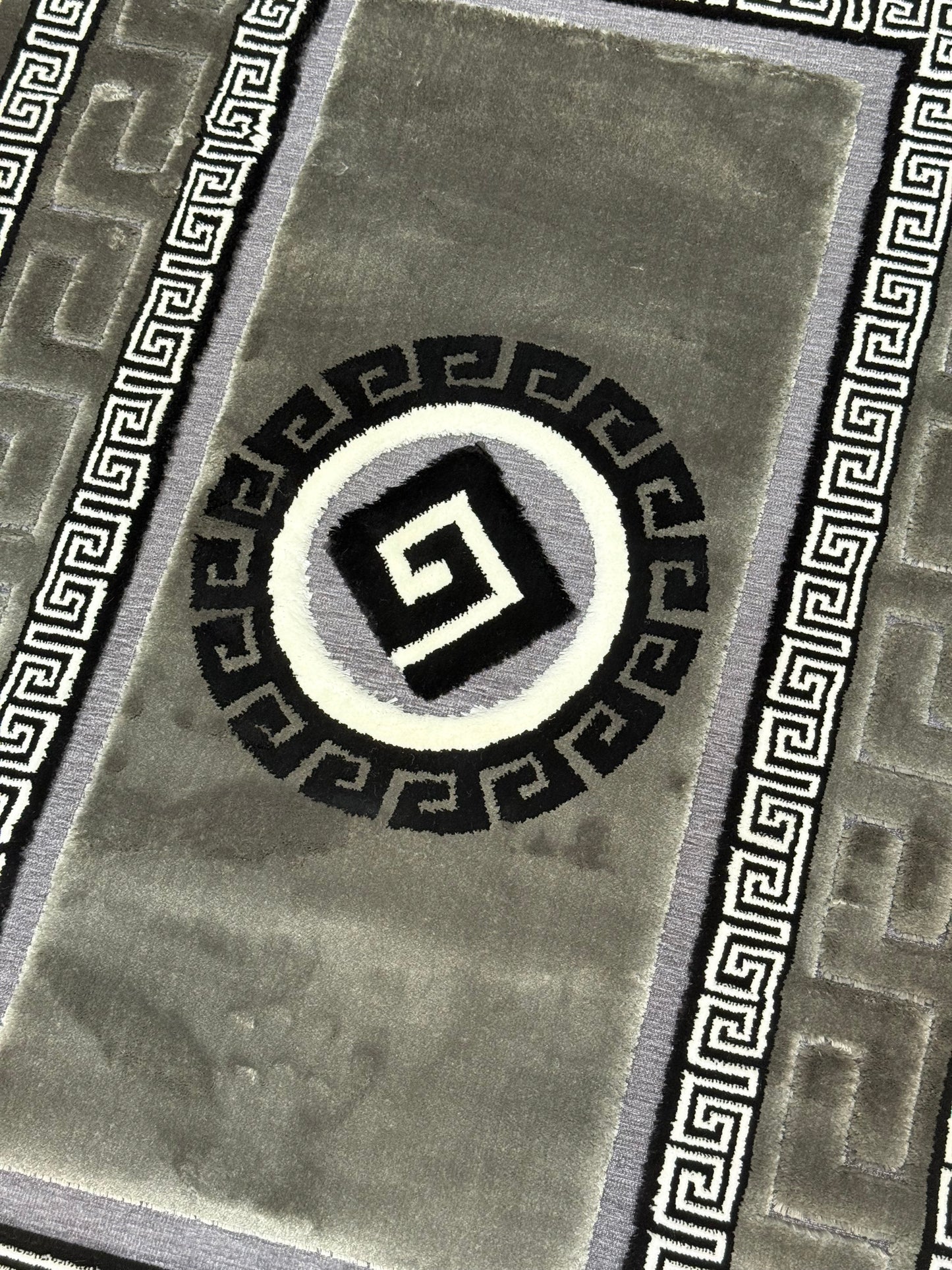 Greek Key Velvet Rug in Charcoal, Black & Silver – Size Multiple Options