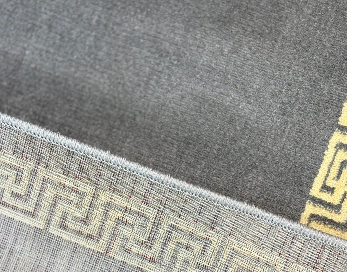 Interlocking G Greek Key Border Rug | Charcoal Grey & Gold color | Size 4x6 feet.