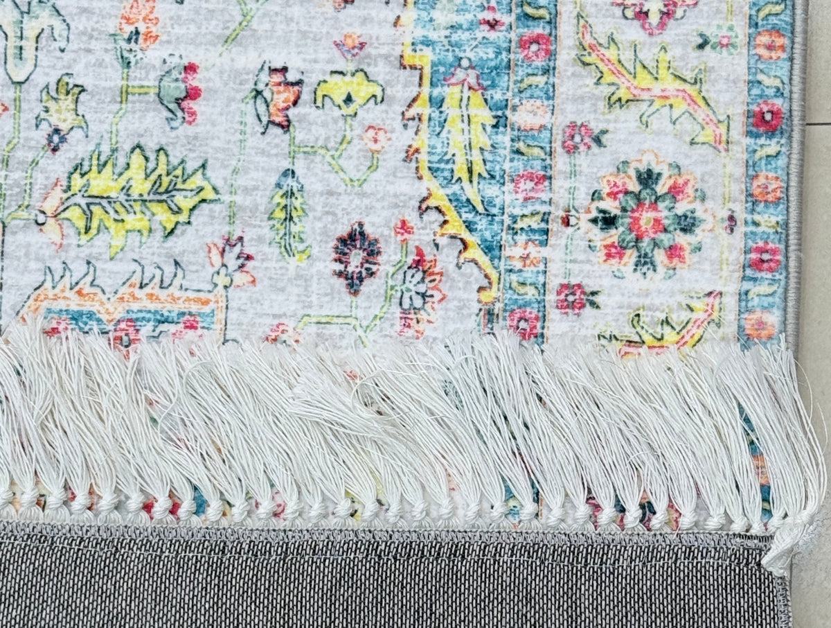 Vintage Medallion Area Rug | Cream, Turquoise Blue, Coral, and Yellow | Size 80x150 cm (2.7x4.11 ft)