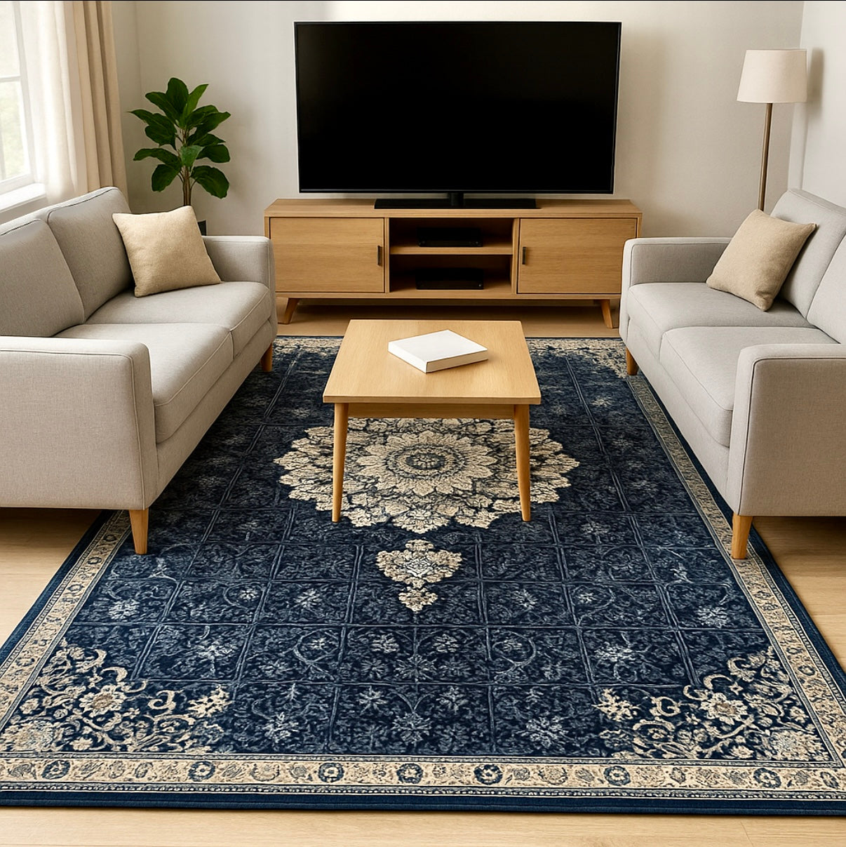 Elegant Persian-Style Navy Blue & Ivory Medallion Rug – 300x400 cm (9.8x13.1)ft