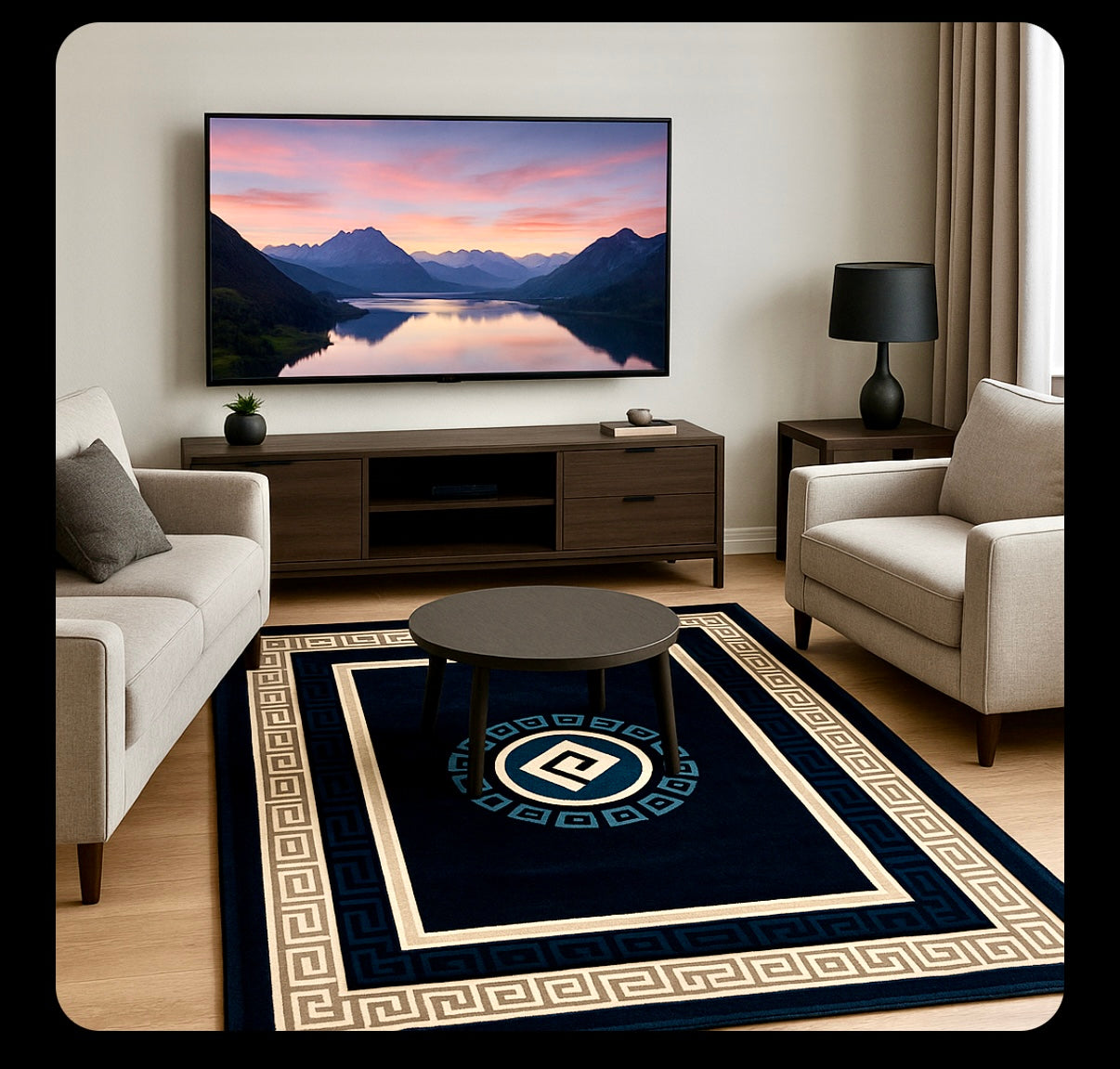 Greek Key Velvet Rug in Charcoal, Black & Silver – Size Multiple Options