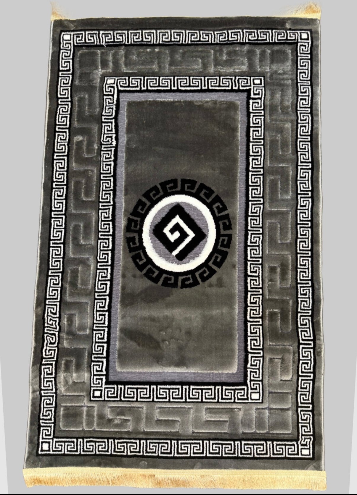 Greek Key Velvet Rug in Charcoal, Black & Silver – Size Multiple Options