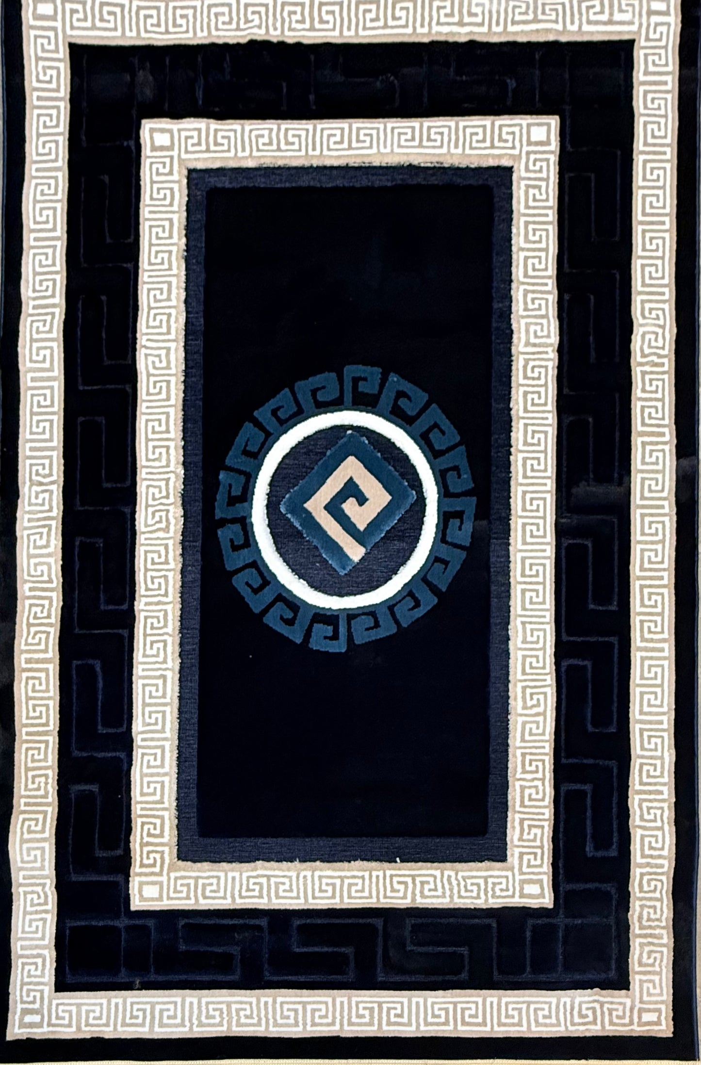 Greek Key Velvet Rug in Charcoal, Black & Silver – Size Multiple Options