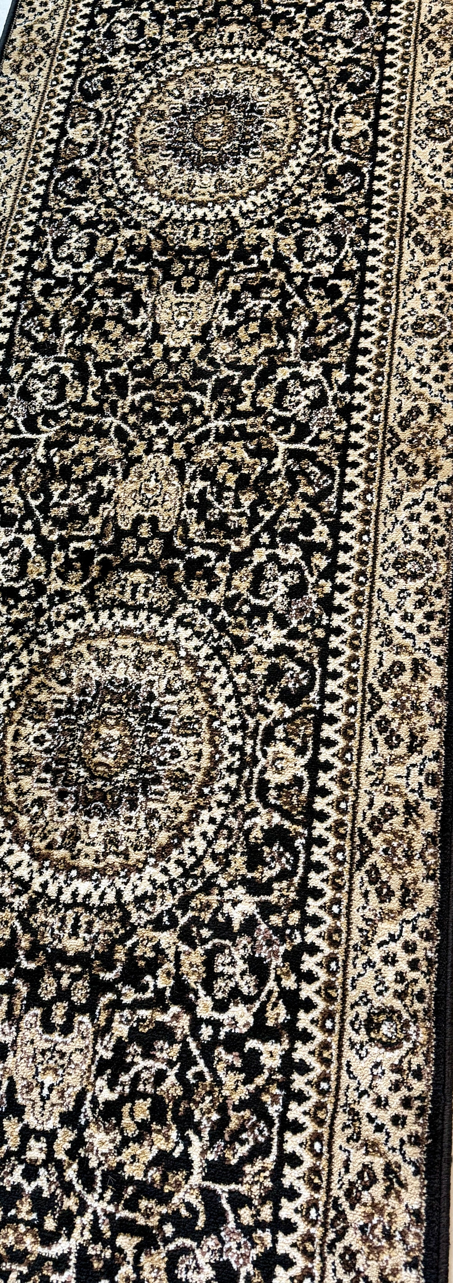 Traditional Persian Style Runner Rug Black and Beige | Size 2.7 x 13.0 Feet