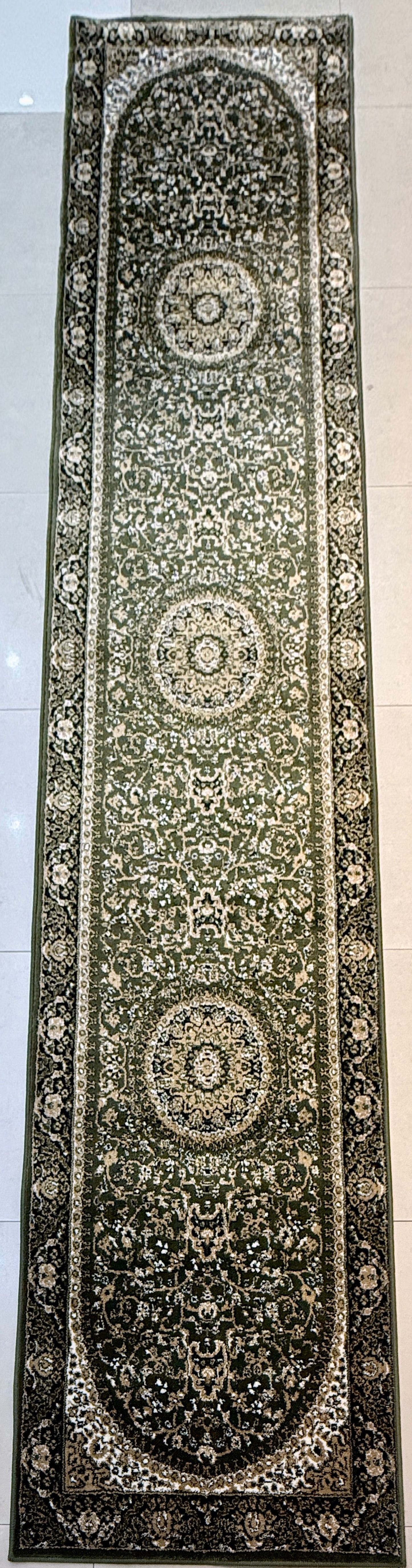 Persian Style Hallway Runner | Green Cream Beige Black | Size 2.7 x 13.2 ft