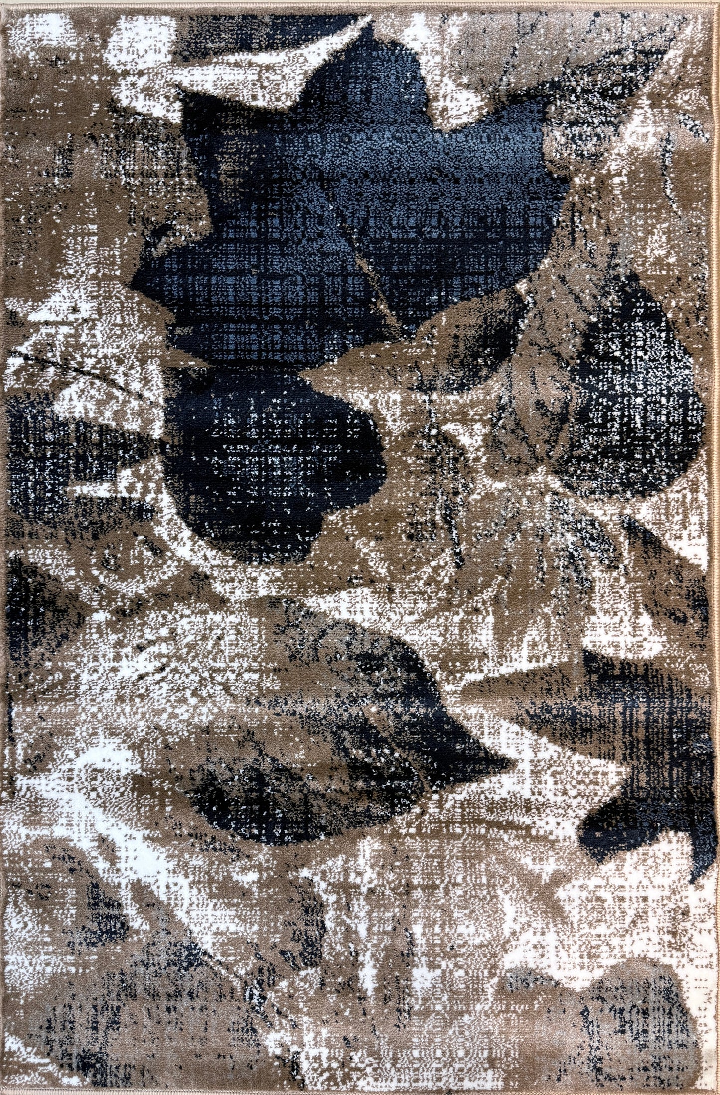 Autumn Leaf Distressed Area Rug | Navy Blue, Taupe, and Ivory | Size 3.3x5.0 ft