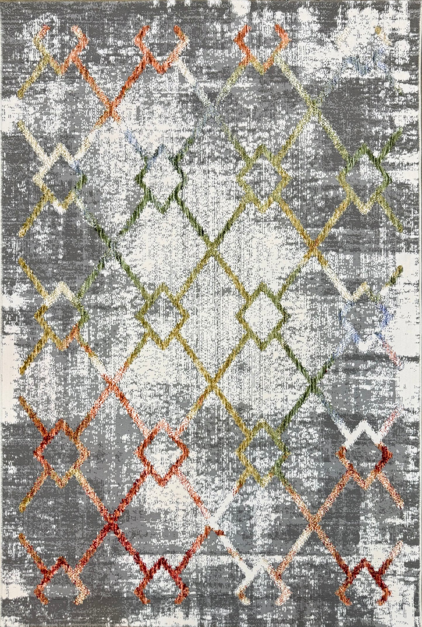 Modern Lattice Rug - Grey with Orange, Green & Hints of Blue Size 125x180cm (4x6)ft