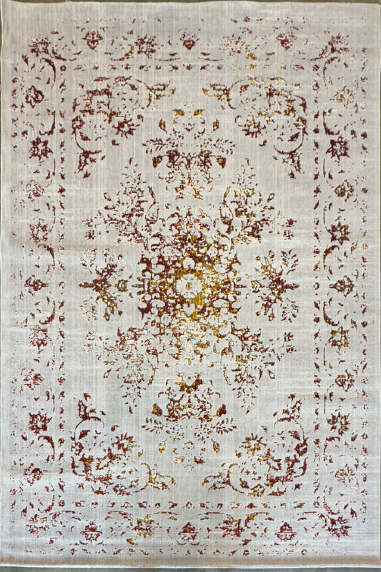 Elegant Distressed Floral Area Rug - Off-While Reddish Brown Gold - Size (6.7x9.6)ft