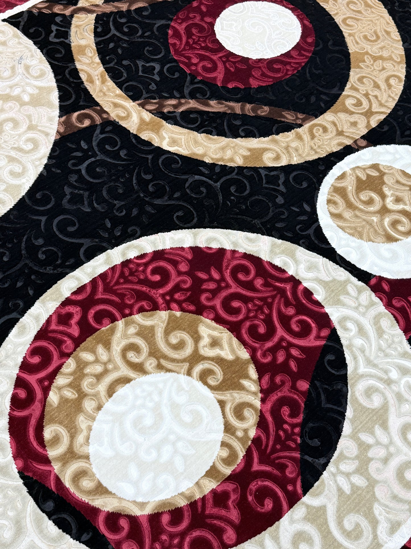 Modern Circles Area Rug | Maroon, Black, Cream & Beige | Size 200x290 cm (6.7x9.6 ft)