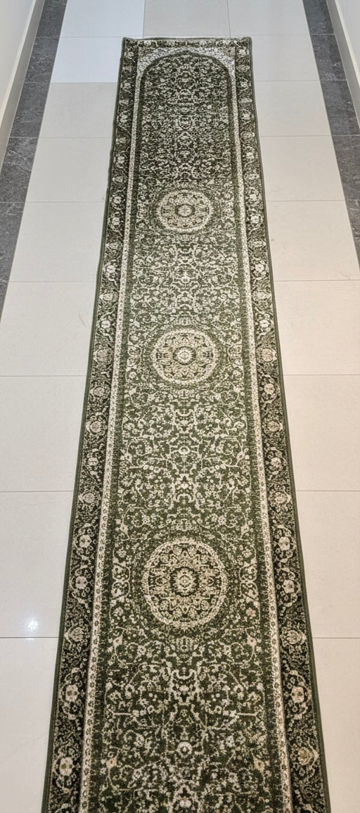 Persian Style Hallway Runner | Green Cream Beige Black | Size 2.7 x 13.2 ft