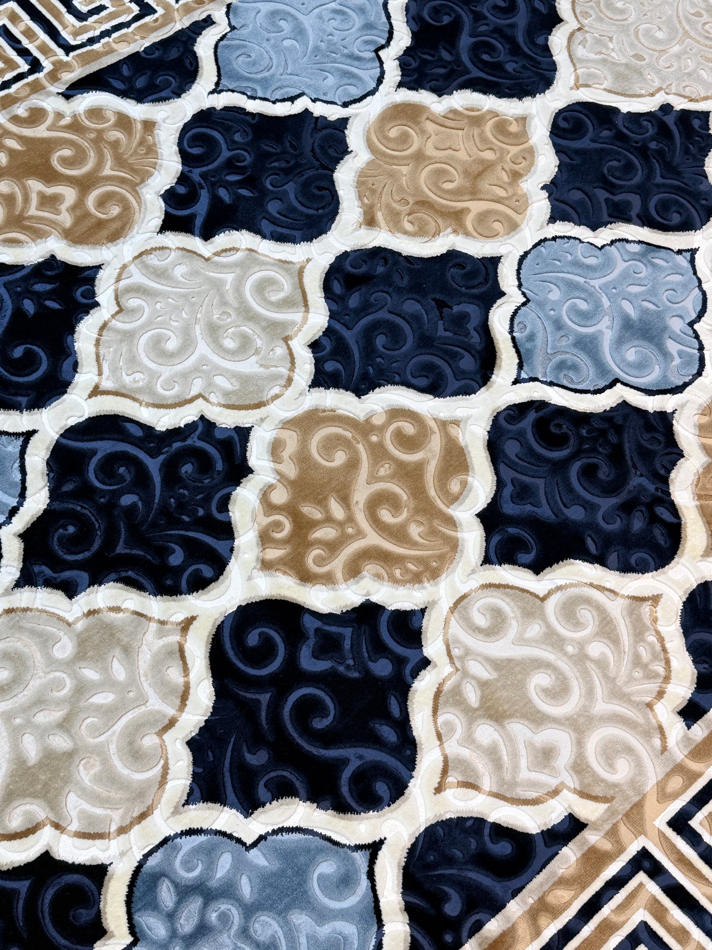 Greek Medallion Trellis Rug | NavyBlue, Cream & Gold | Size 200x290 cm (6.7x9.6 ft)