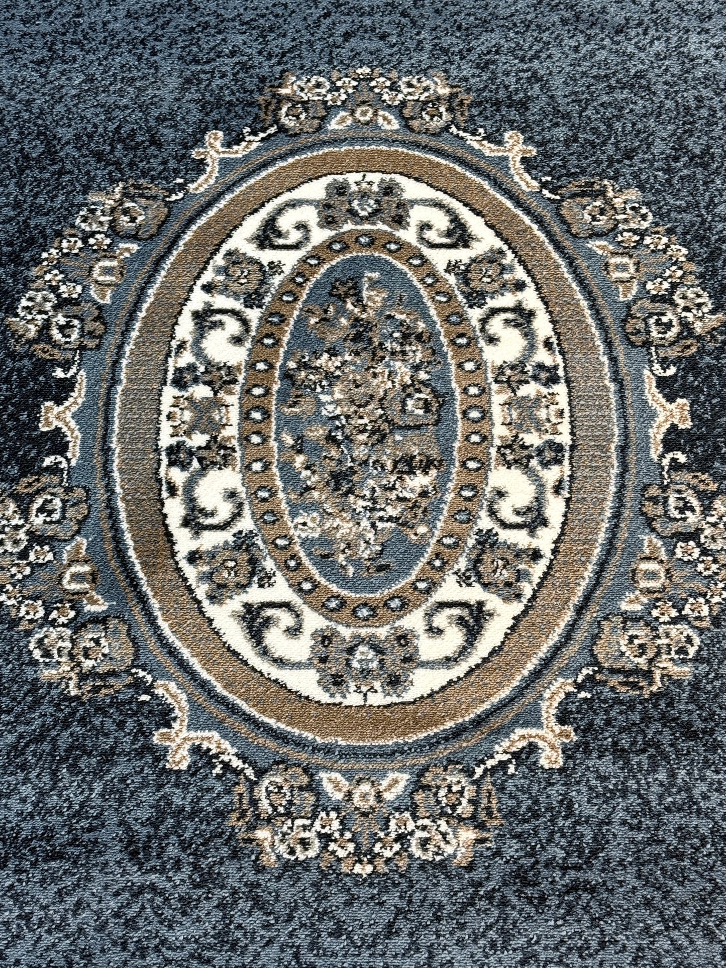 Classic Medallion Border Area Rug | Dark Blue Grey Beige Cream | Size 5x7.3 Feet