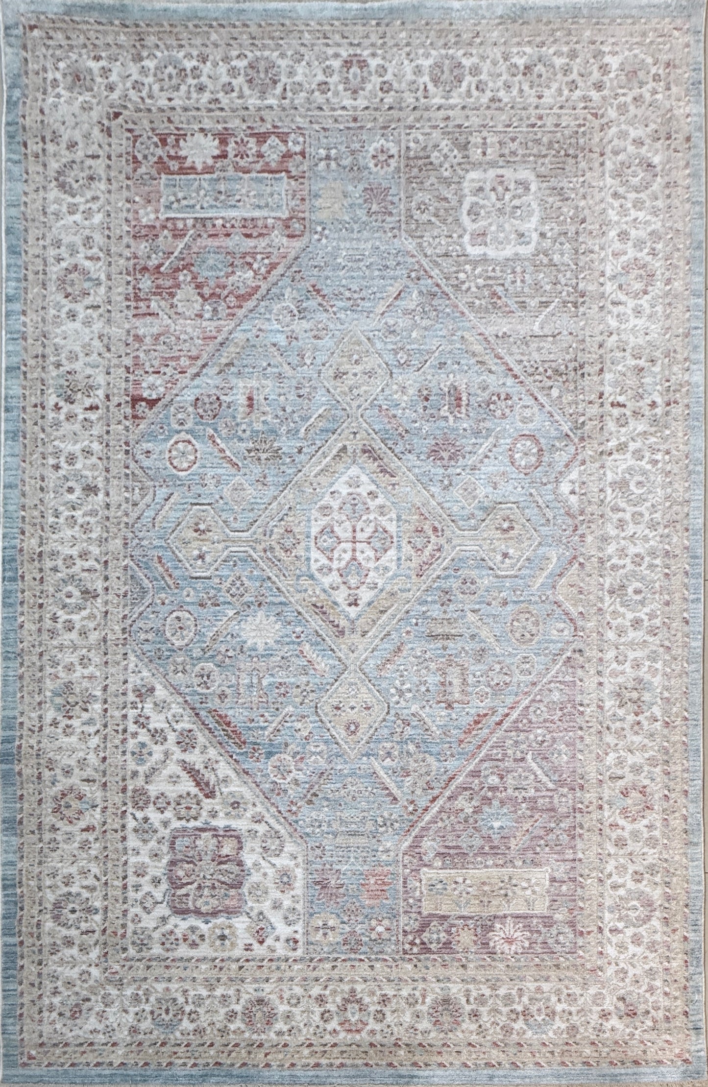 Vintage Medallion Distressed Rug | Light Blue, Rust & Cream | Size 150x230 cm (4.11x7.6 ft)