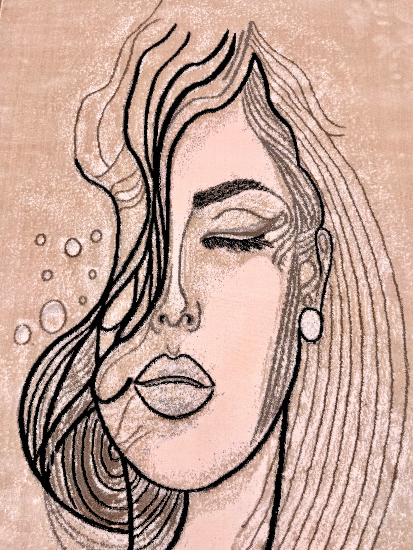 Serene Woman Abstract Face Area Rug - Beige and Black - Size (4.10x7.3)ft