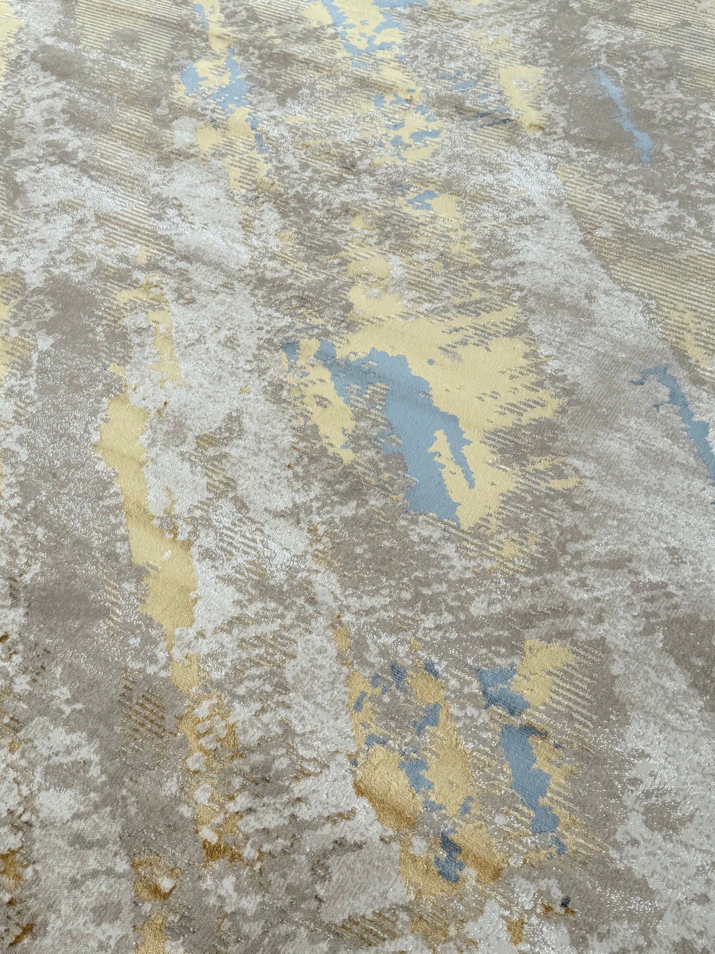 Abstract Distressed Contemporary Rug – Gold, Beige, Cream & Blue | 250×350 cm (8.2×11.5 ft)