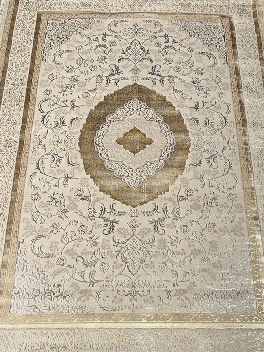 Classic Medallion Persian Rug - Cream, Gold & Silver | 250x350 cm (8.3x11.5 ft)