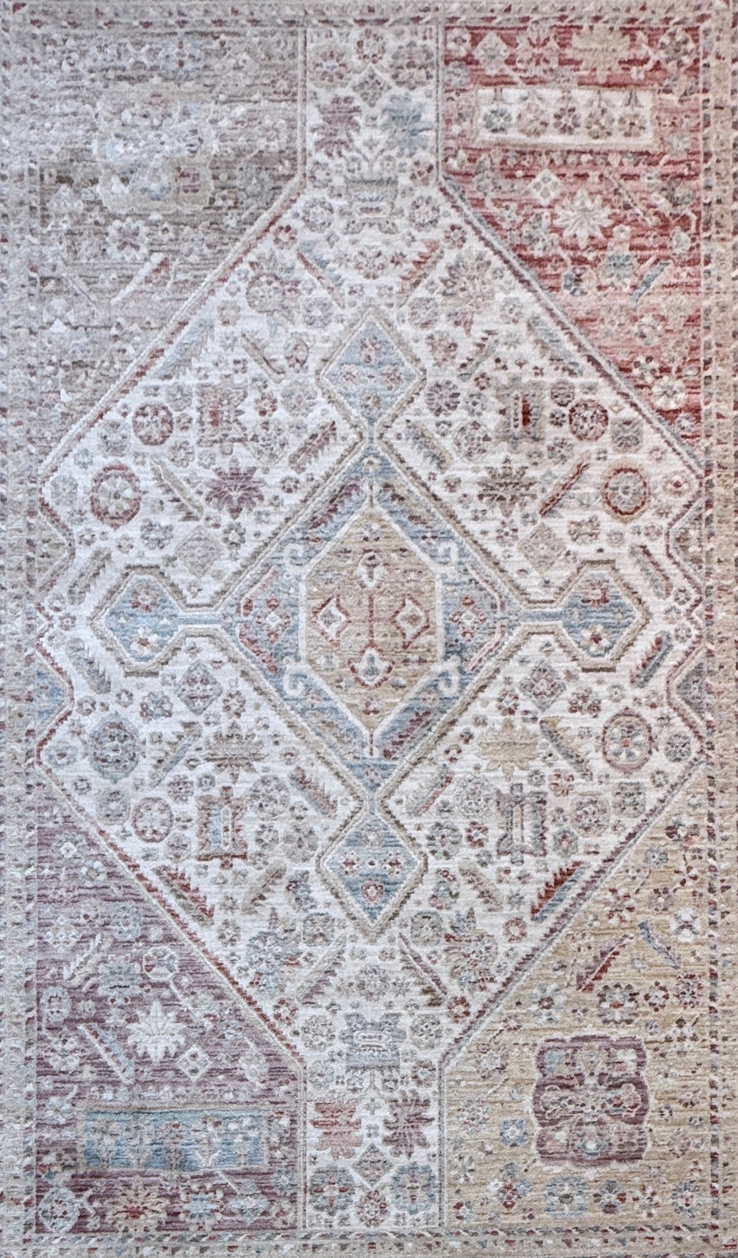 Vintage Geometric Medallion Rug | Rust, Beige & Blue | Size 150x230 cm (4.11x7.6 ft)