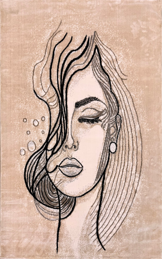 Serene Woman Abstract Face Area Rug - Beige and Black - Size (4.10x7.3)ft