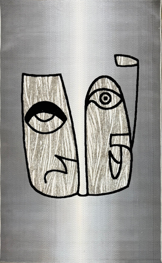 Stylized Abstract Portrait Rug - Charcoal and Silver Tones - Size (4.10x7.3)ft