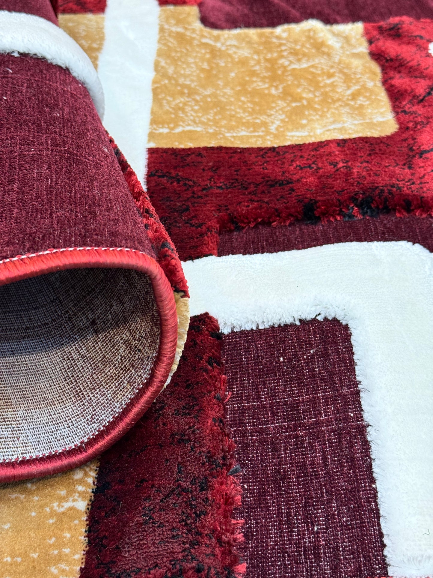 Geometric Block Pattern Rug - Red & Black with Gold & Cream - Size Multiple Options