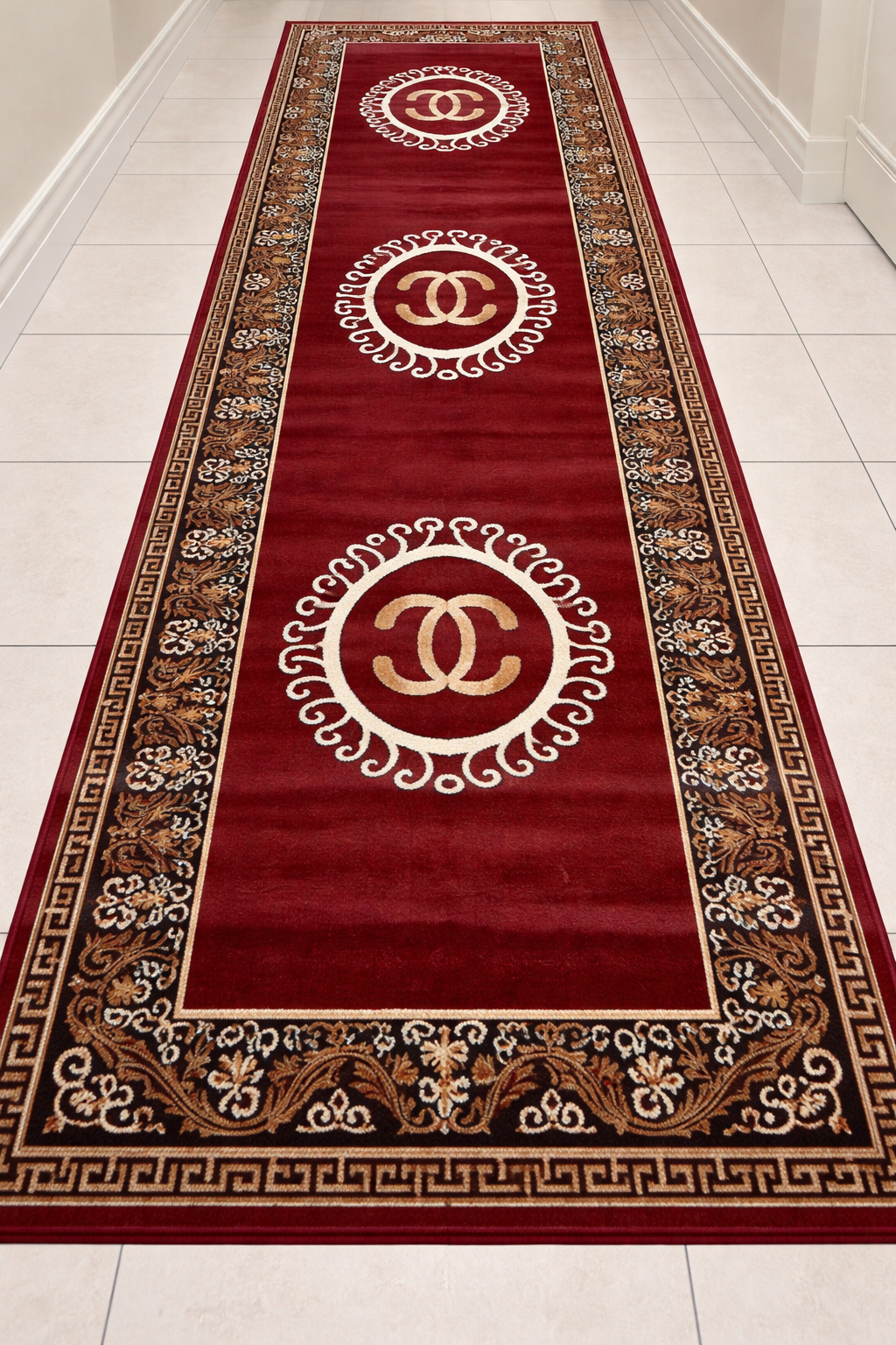 Traditional Classic Runner Rug | Deep Maroon Red Beige Gold & Black | Size 2.7x9.6 ft