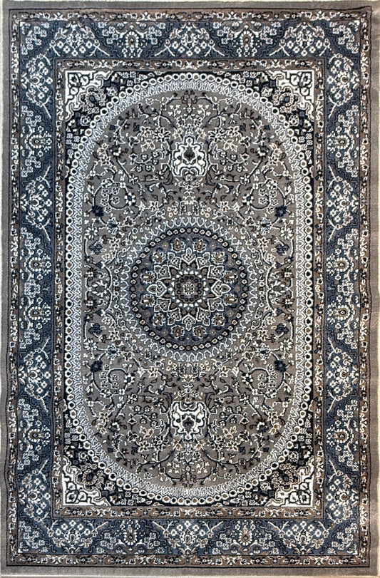 Traditional Persian Medallion Area Rug | Charcoal, Silver, and Cream | Size 5x7.3 ft