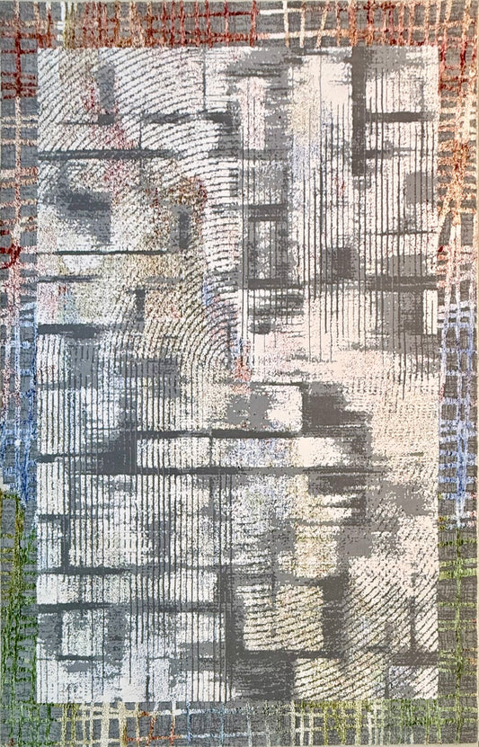 Artistic Linear Abstract Rug | Grey, Ivory | Size 150x220 cm (approx 4.11 x 7.2 feet).