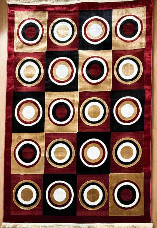 Chenille Modern Geometric Circles Rug - Red, Gold, and Black Accent