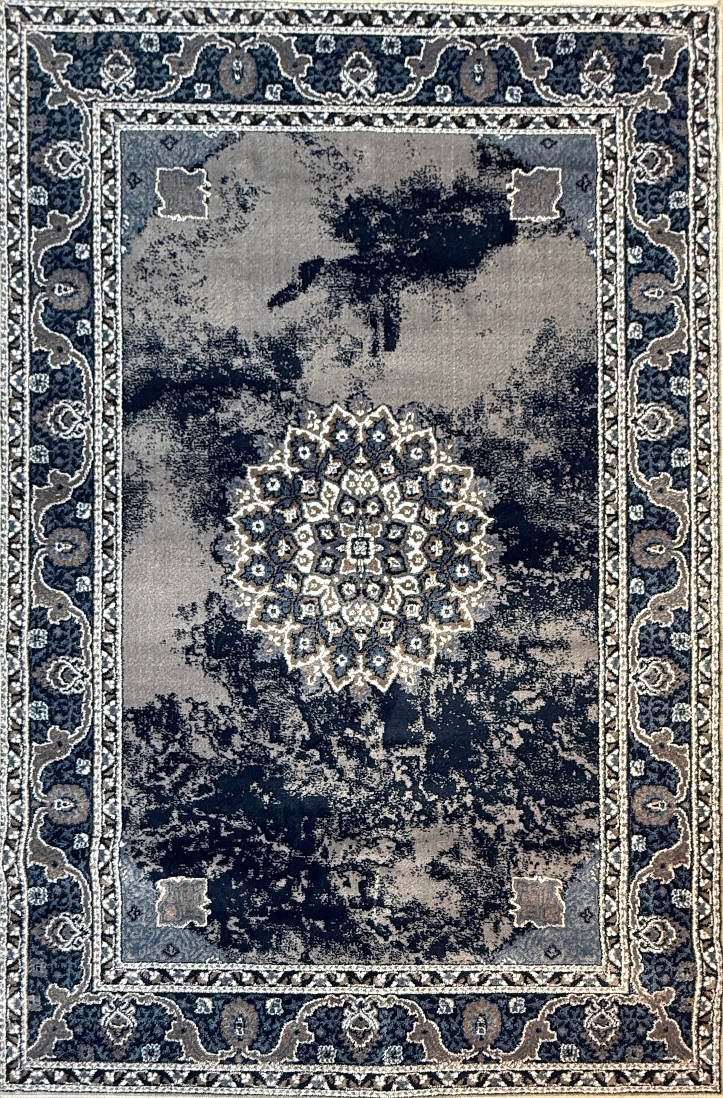 Classic Persian Style Area Rug | Navy Blue Grey Beige Ivory | Size 5 x 7.3 ft