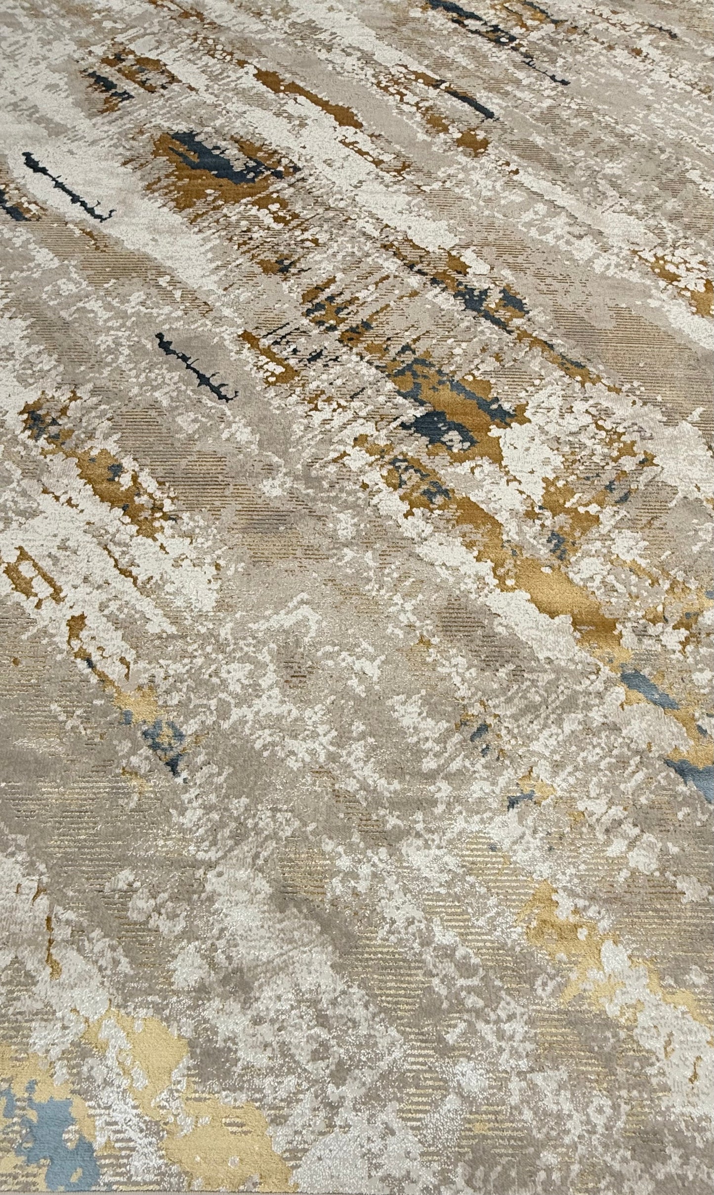 Abstract Distressed Contemporary Rug – Gold, Beige, Cream & Blue | 250×350 cm (8.2×11.5 ft)
