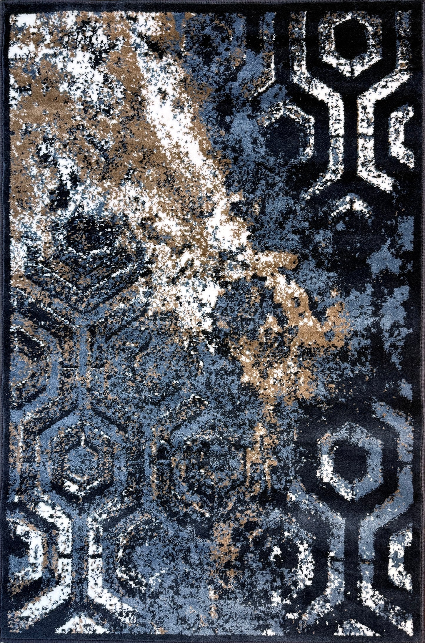 Abstract Geometric Distressed Area Rug | navy blue, grey, cream & taupe | Size 3.3x5.0 ft