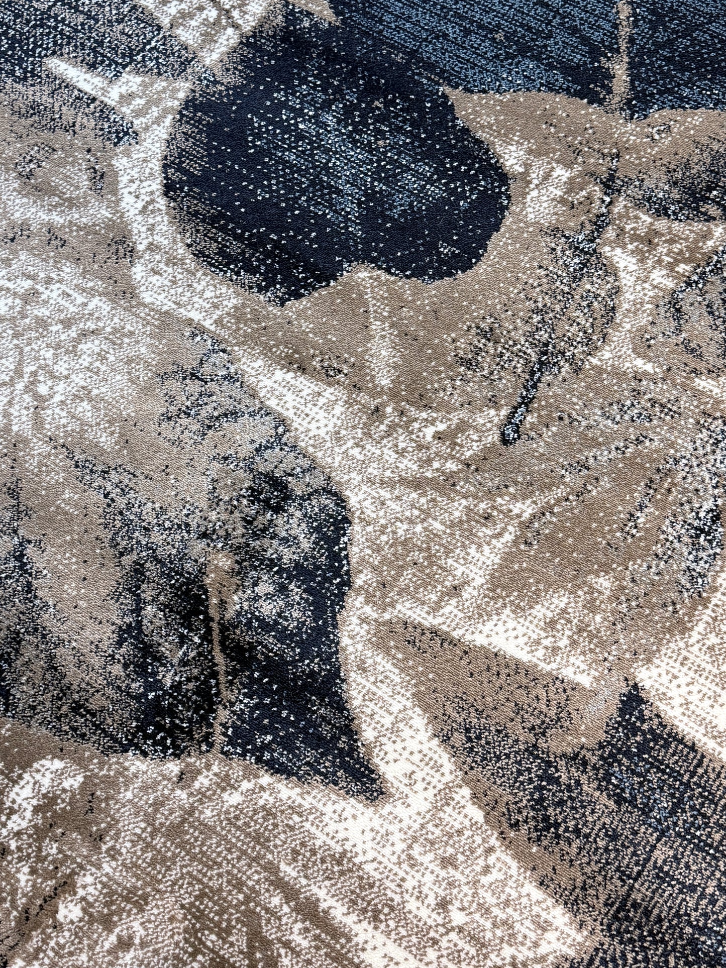 Modern Leaf Pattern Area Rug |Navy Blue Beige Taupe Grey Colours | Size 5 x 7.3 Feet