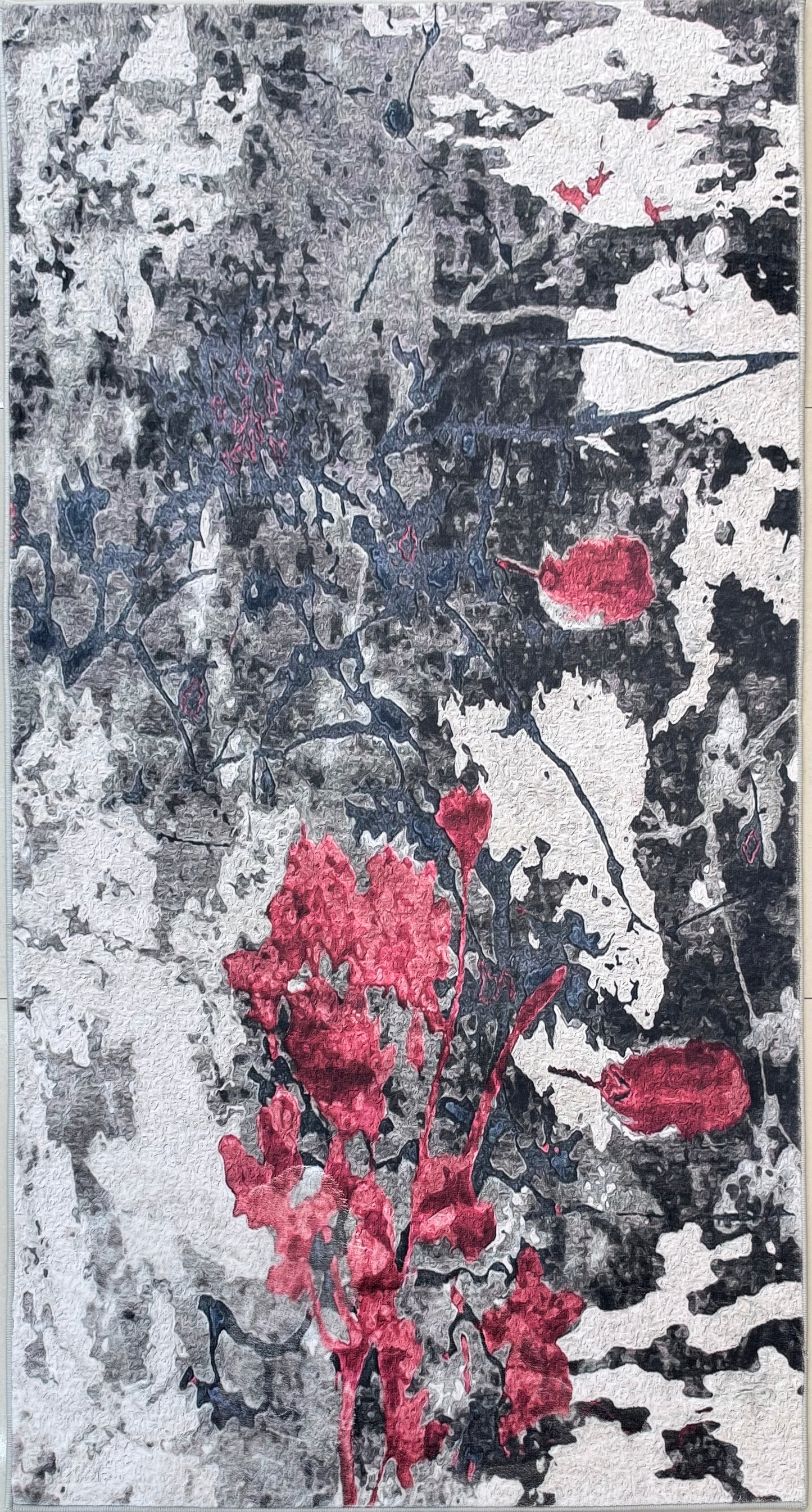 Floral Modern Area Rug | charcoal pink grey | Size 80x150 cm (2.7x4.11)ft