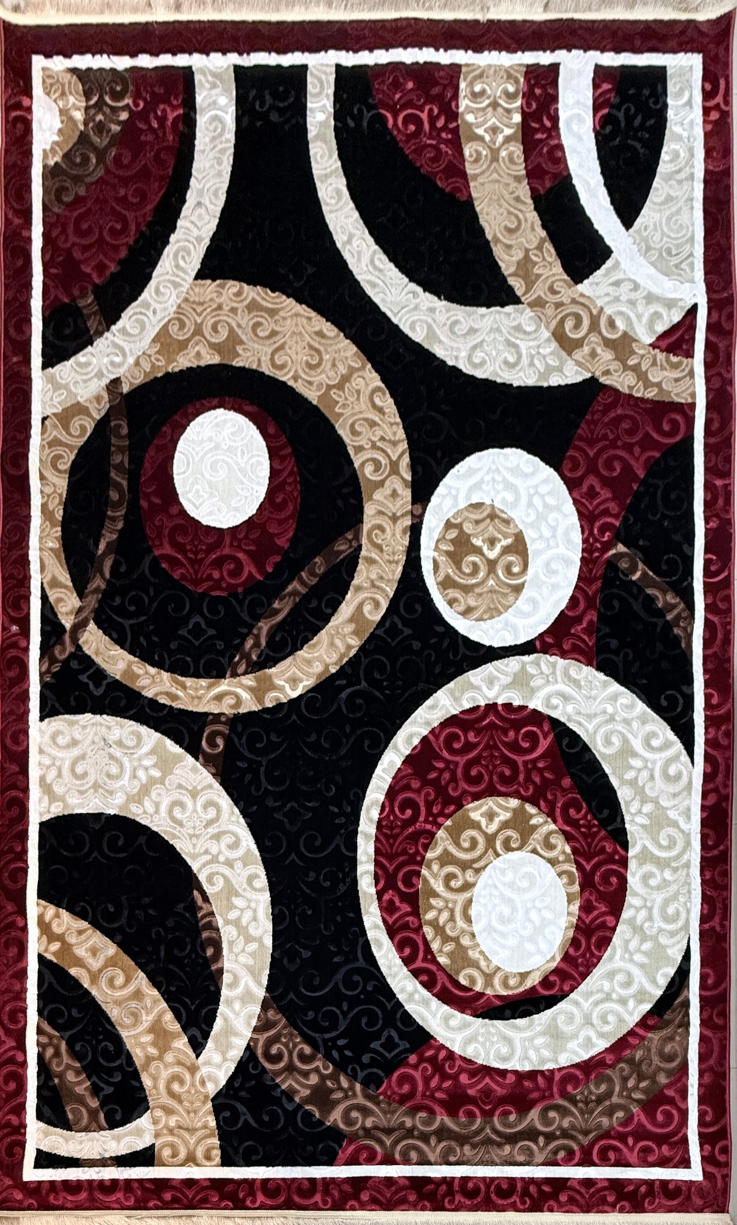 Modern Circles Area Rug | Maroon, Black, Cream & Beige | Size 200x290 cm (6.7x9.6 ft)