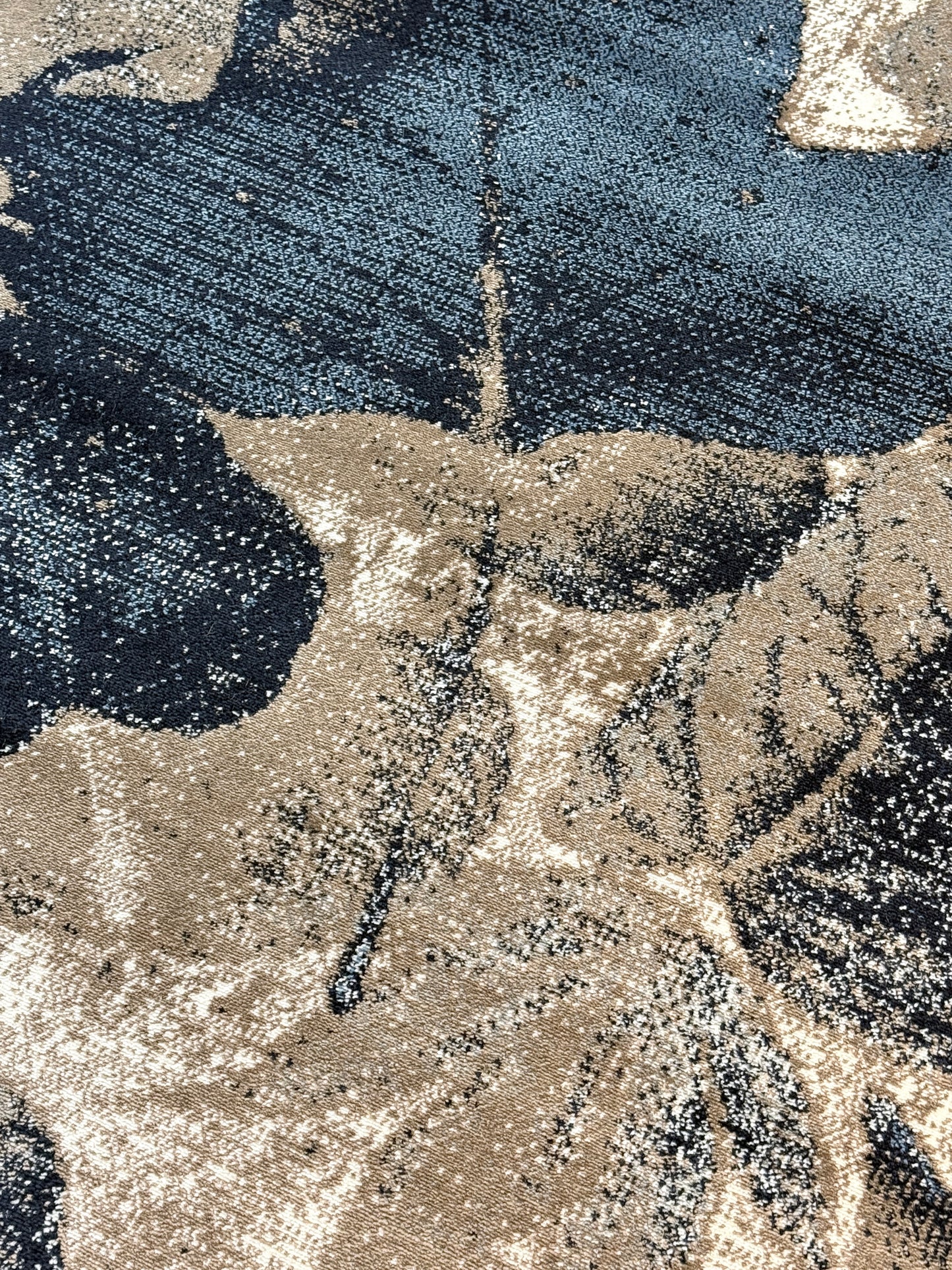 Modern Leaf Pattern Area Rug |Navy Blue Beige Taupe Grey Colours | Size 5 x 7.3 Feet