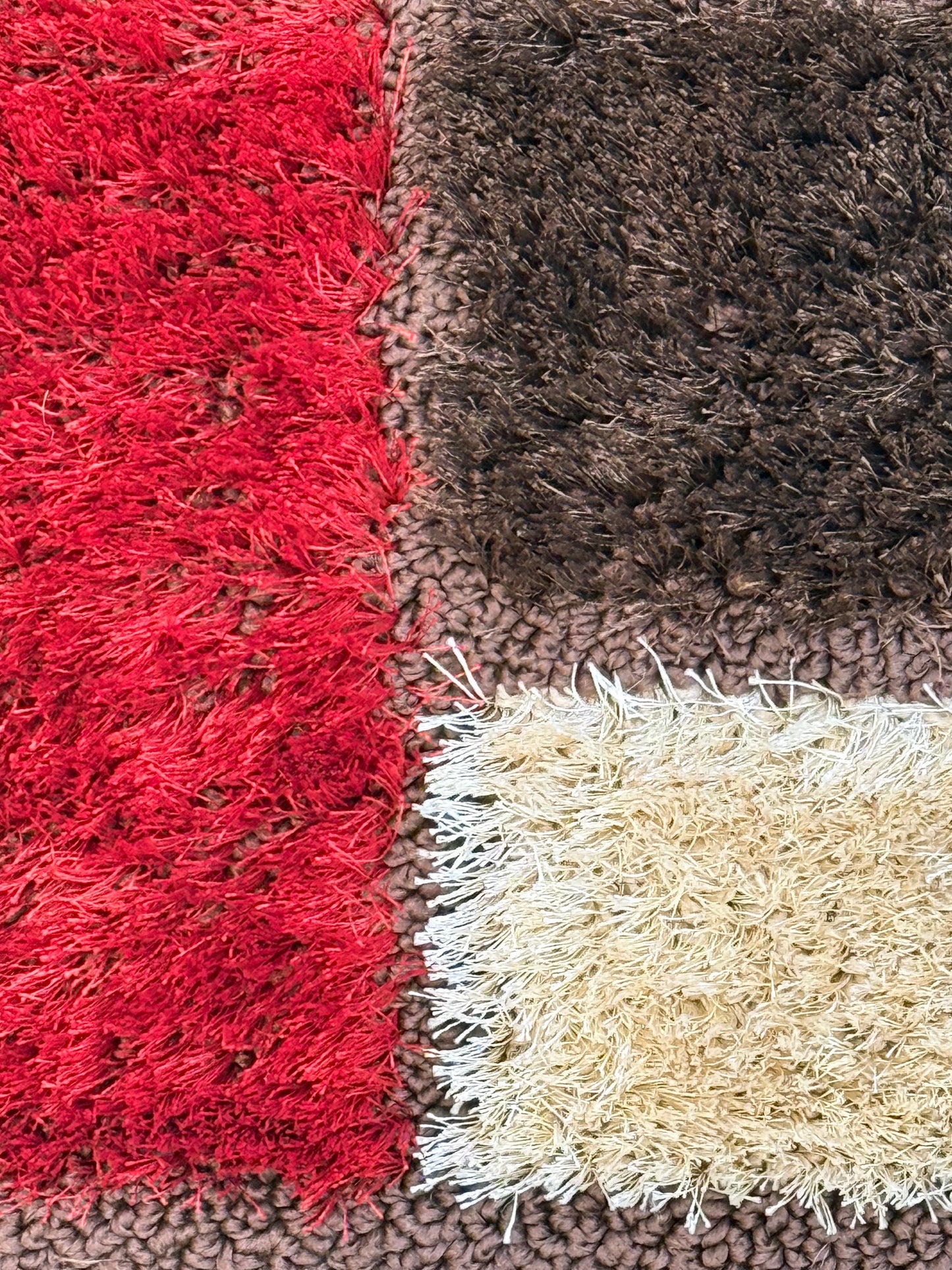 Geometric Shaggy Area Rug pattern of red, chocolate brown & beige | Size 100x150 cm (3.3x4.11 ft)