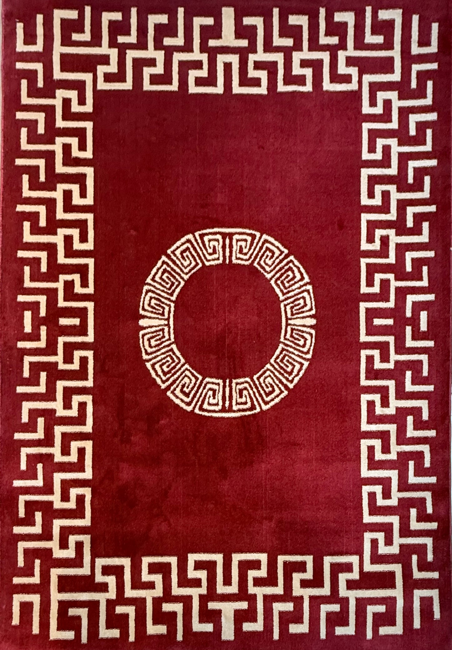 Luxury Maroon Greek Border Area Rug – 5x8 ft | Deep Maroon with Ivory Pattern