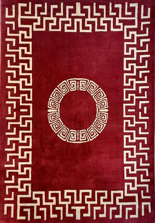 Luxury Maroon Greek Border Area Rug – 5x8 ft | Deep Maroon with Ivory Pattern